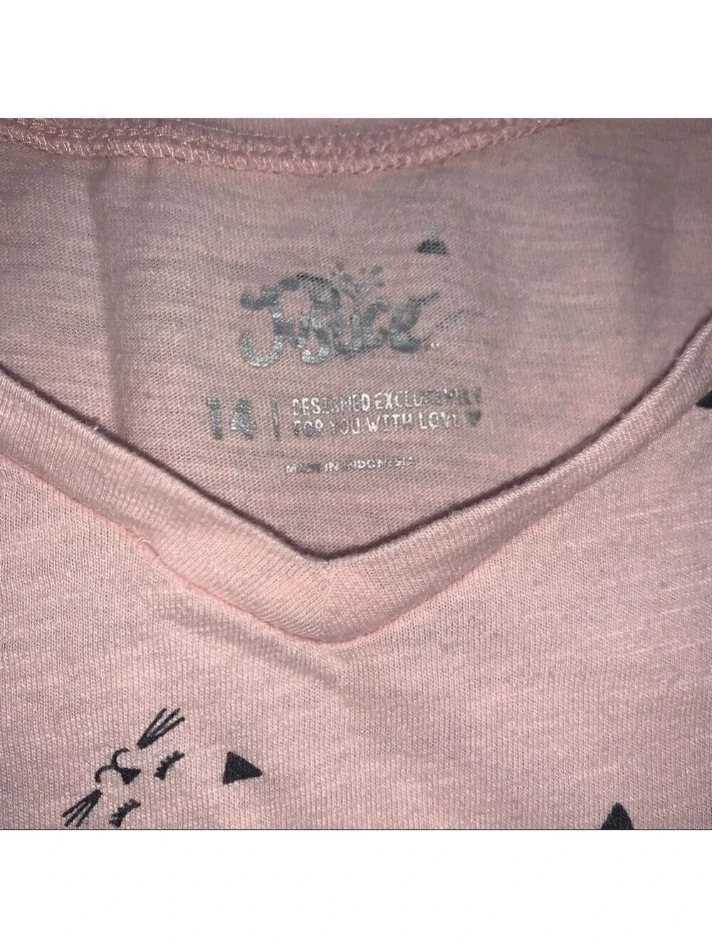 JUSTICE Pink Cat Print V Neck T-shirt size 14